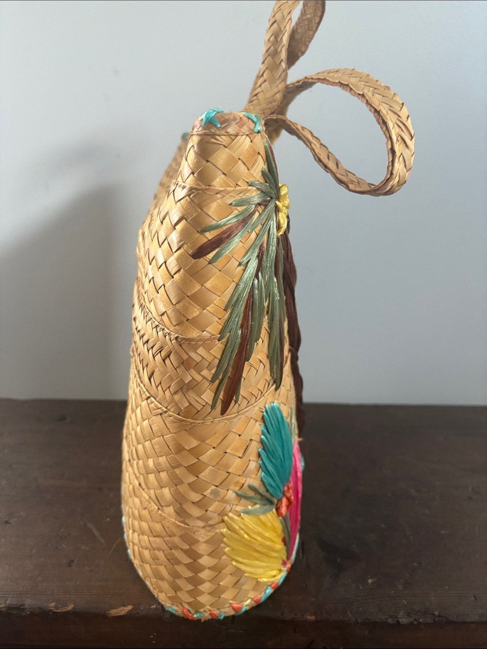 Vntg 1960s Nassau Bahamas Straw Beach Tote – Colorful Raffia Floral & Palm Tree - Picture 2 of 8